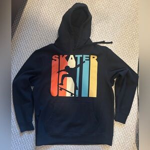 Vintage-Style Skater Graphic Hoodie Size L Black Retro Skateboarding Pullover